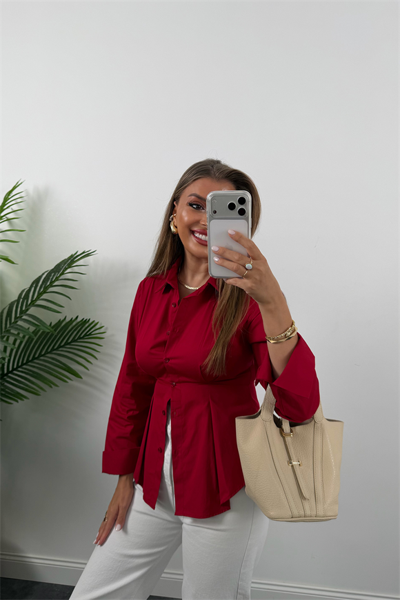 Premium Seri %100 Pamuk Oturtma Pileli Gömlek Kırmızı