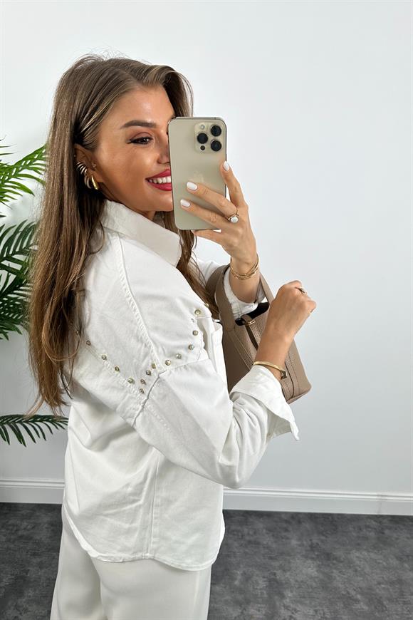 Premium Seri %100 Pamuklu Taşlı Tasarım Jean Ceket Beyaz 