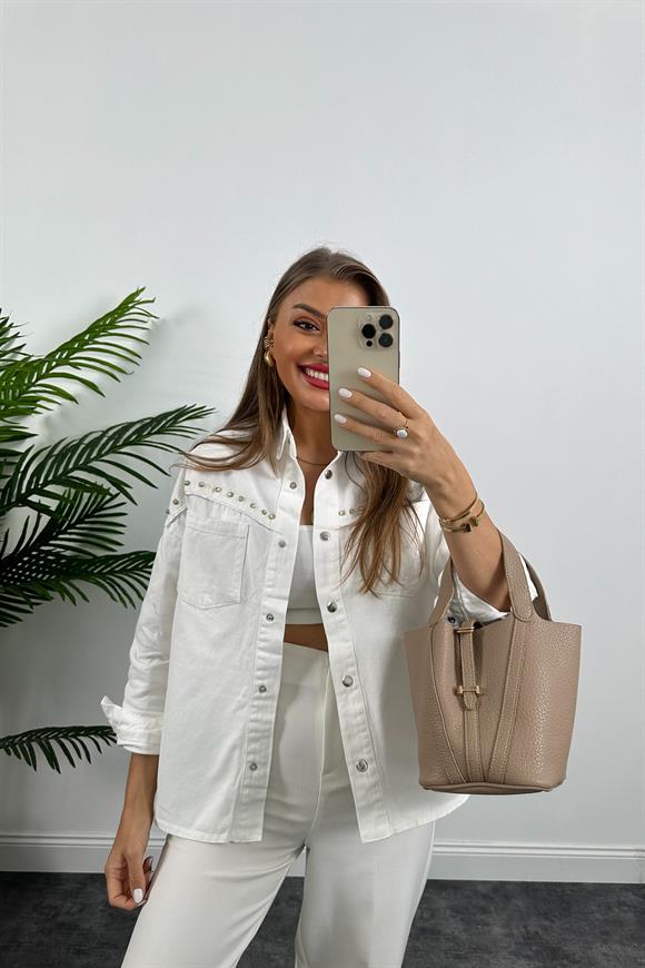 Premium Seri %100 Pamuklu Taşlı Tasarım Jean Ceket Beyaz 