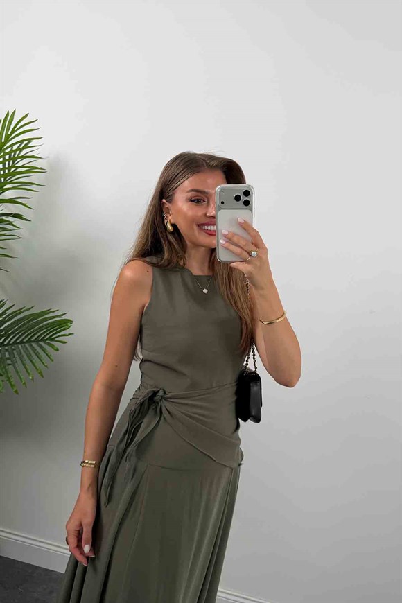 Premium Seri %100 Tensel Kumaş Fularlı Midi Elbise Haki
