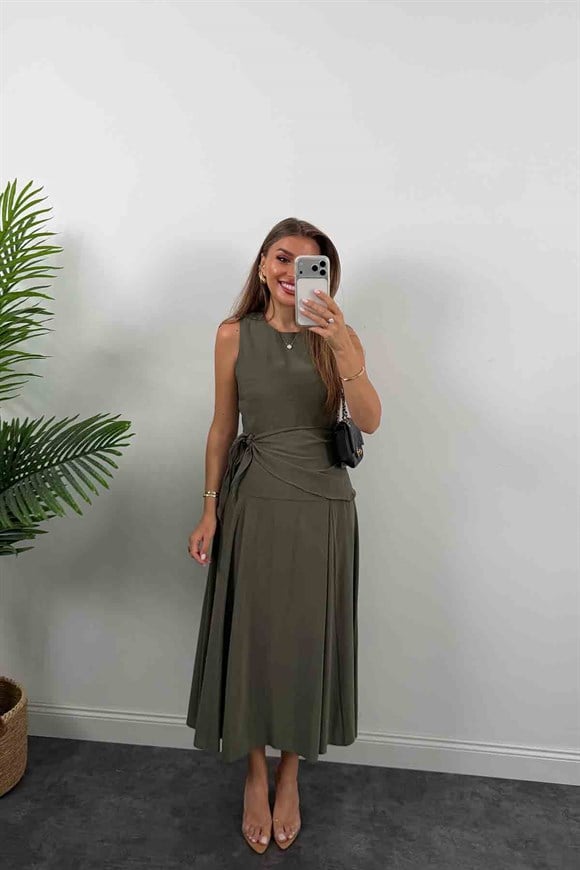 Premium Seri %100 Tensel Kumaş Fularlı Midi Elbise Haki