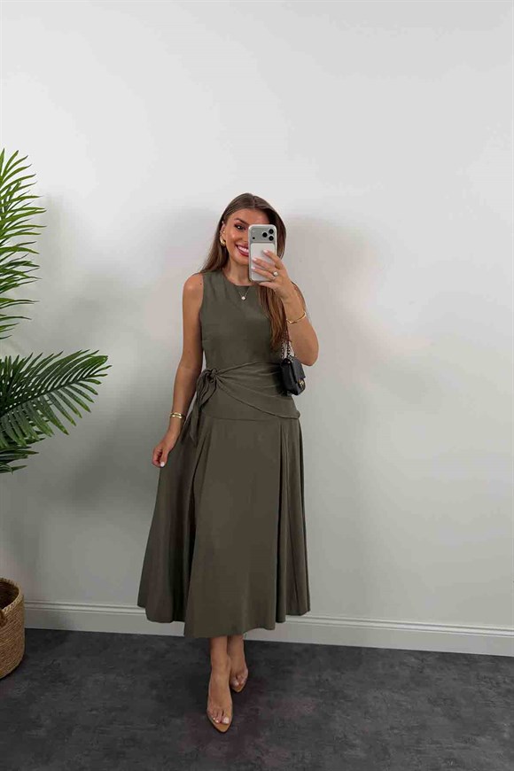 Premium Seri %100 Tensel Kumaş Fularlı Midi Elbise Haki