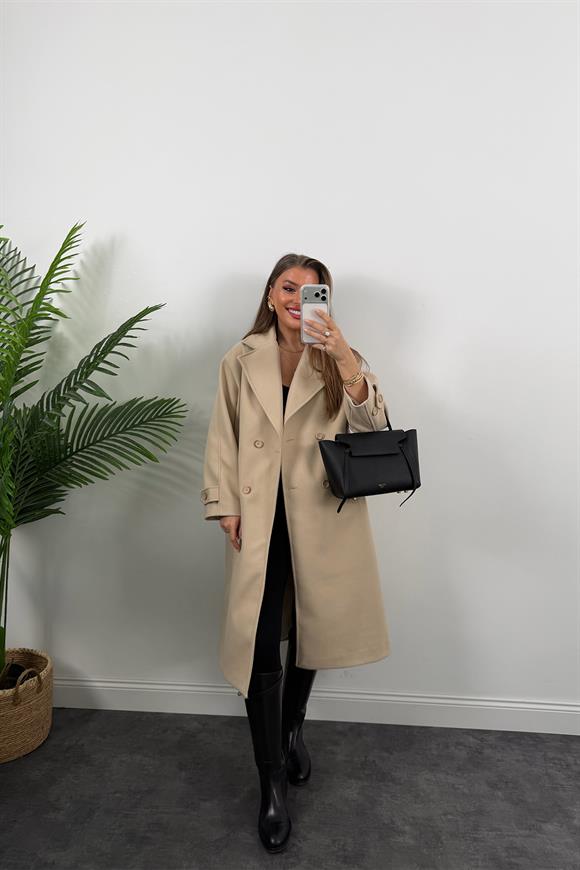 Premium Seri 4 Düğmeli Kol Detay Oversize Maxi Kaşe Kaban Taş