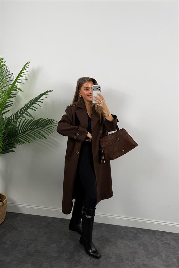 Premium Seri 4 Düğmeli Kol Detay Oversize Maxi Kaşe Kaban Acı Kahve