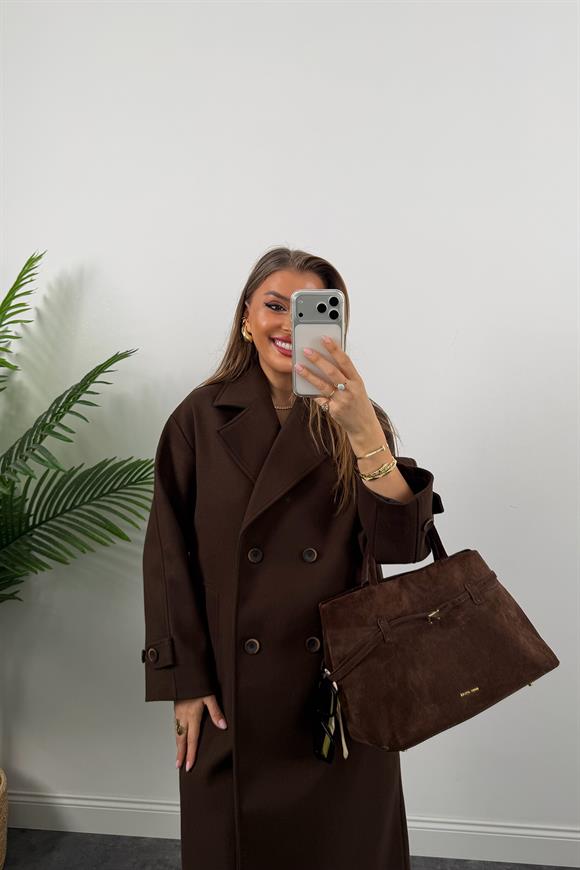 Premium Seri 4 Düğmeli Kol Detay Oversize Maxi Kaşe Kaban Acı Kahve