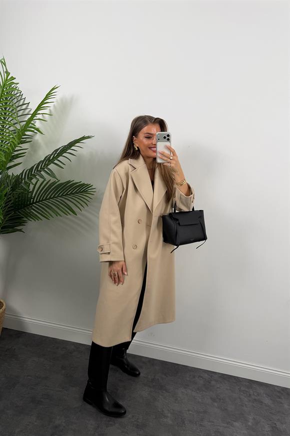 Premium Seri 4 Düğmeli Kol Detay Oversize Maxi Kaşe Kaban Taş