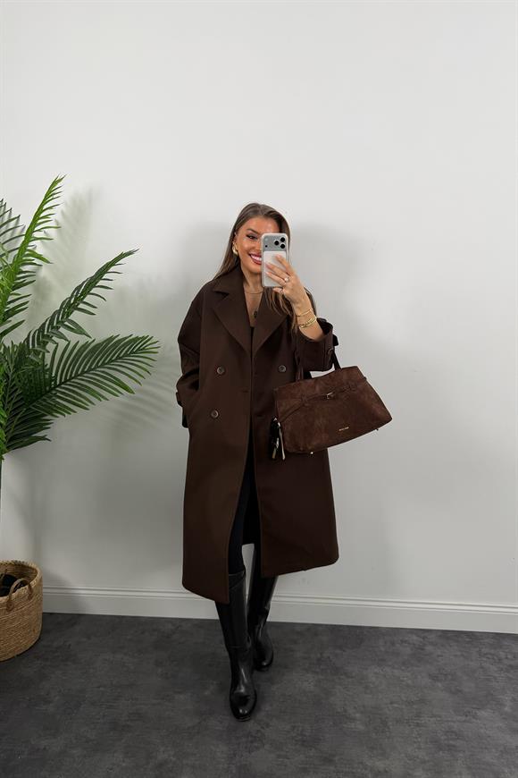 Premium Seri 4 Düğmeli Kol Detay Oversize Maxi Kaşe Kaban Acı Kahve
