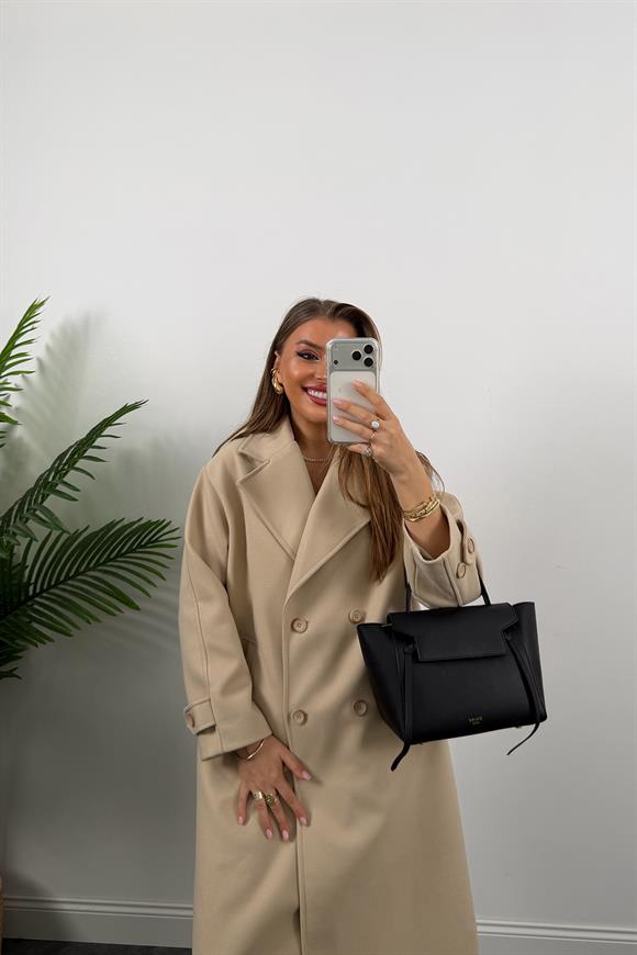 Premium Seri 4 Düğmeli Kol Detay Oversize Maxi Kaşe Kaban Taş