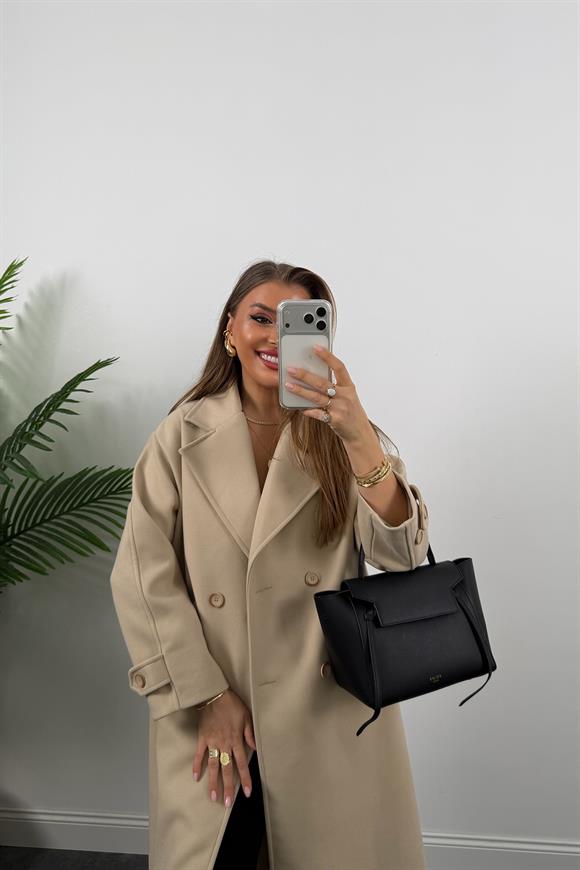 Premium Seri 4 Düğmeli Kol Detay Oversize Maxi Kaşe Kaban Taş