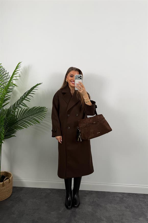 Premium Seri 4 Düğmeli Kol Detay Oversize Maxi Kaşe Kaban Acı Kahve