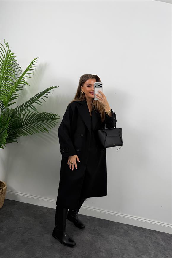 Premium Seri 4 Düğmeli Kol Detay Oversize Maxi Kaşe Kaban Siyah