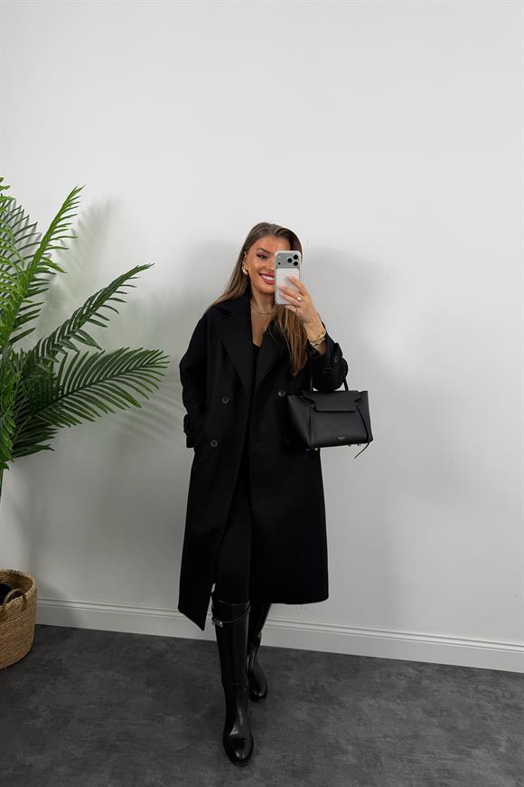 Premium Seri 4 Düğmeli Kol Detay Oversize Maxi Kaşe Kaban Siyah