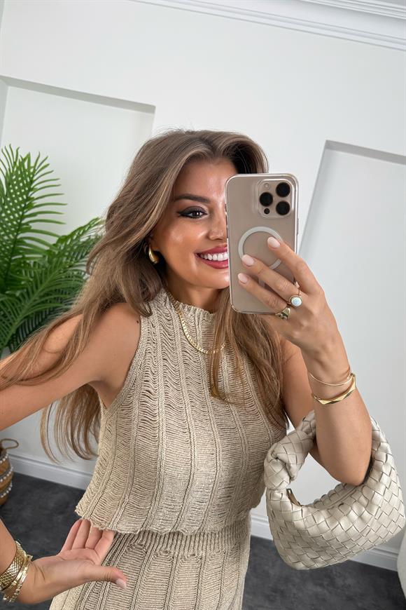 Premium Seri Ajurlu Likralı Etek Bluz Takım Gold