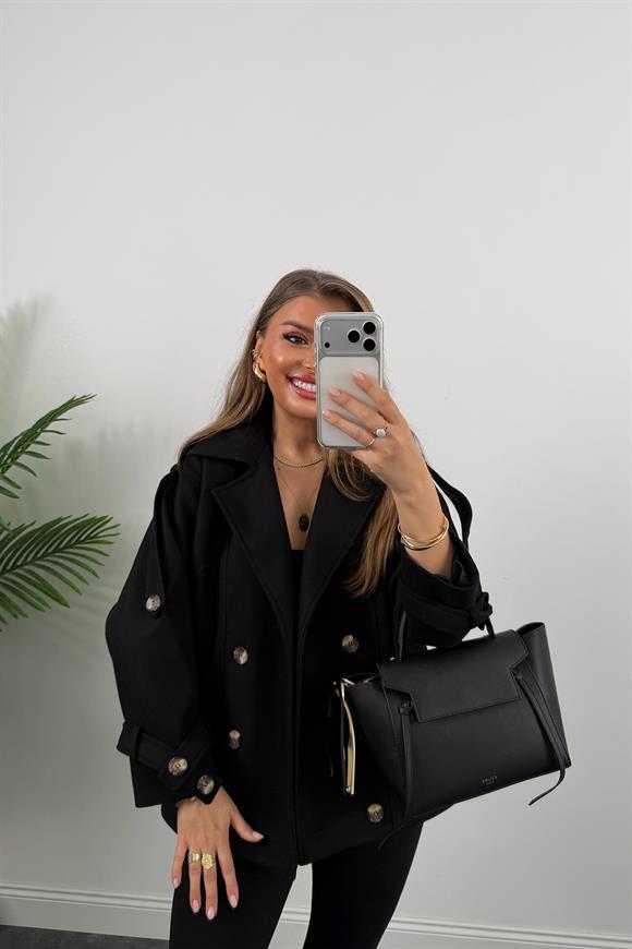 Premium Seri Apoletli Orta Boy Kaşe Kaban Siyah