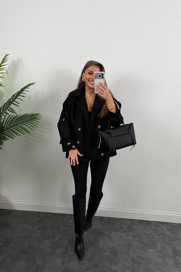 Premium Seri Apoletli Orta Boy Kaşe Kaban Siyah