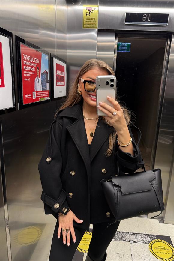 Premium Seri Apoletli Orta Boy Kaşe Kaban Siyah