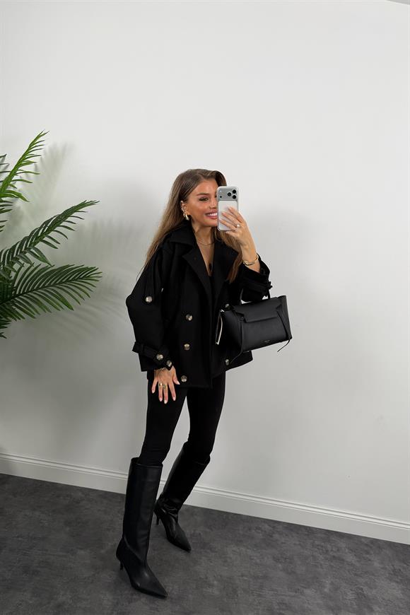 Premium Seri Apoletli Orta Boy Kaşe Kaban Siyah