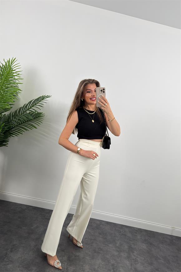 Premium Seri Gold Fermuarlı Kalın Kumaş Korsaj Palazzo Ekru