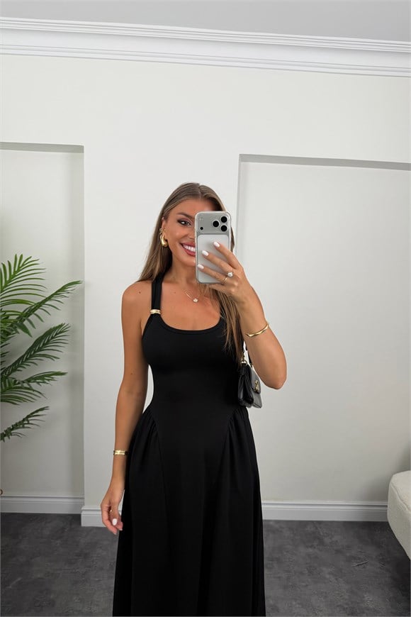 Premium Seri Askısı Gold Detaylı Midi Boy Çelik Elbise Siyah