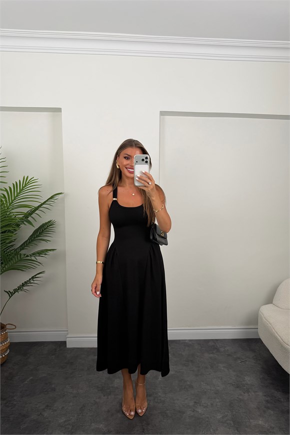 Premium Seri Askısı Gold Detaylı Midi Boy Çelik Elbise Siyah