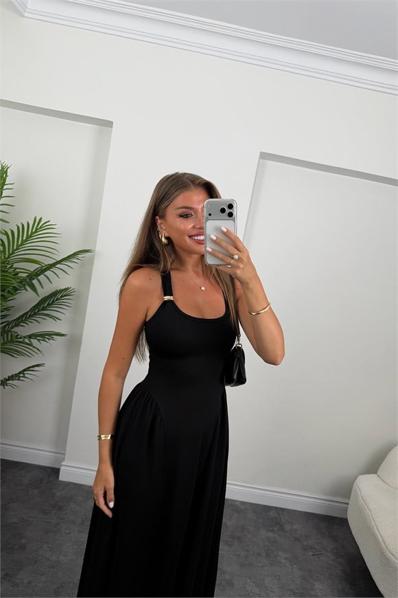 Premium Seri Askısı Gold Detaylı Midi Boy Çelik Elbise Siyah