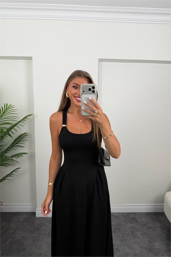 Premium Seri Askısı Gold Detaylı Midi Boy Çelik Elbise Siyah