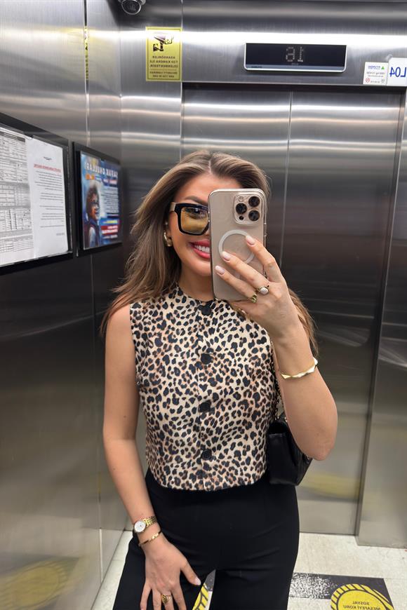 Premium Seri Astarlı Keten Leopar Yelek