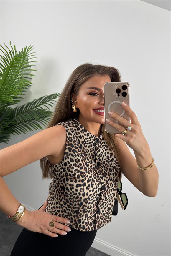 Premium Seri Astarlı Keten Leopar Yelek