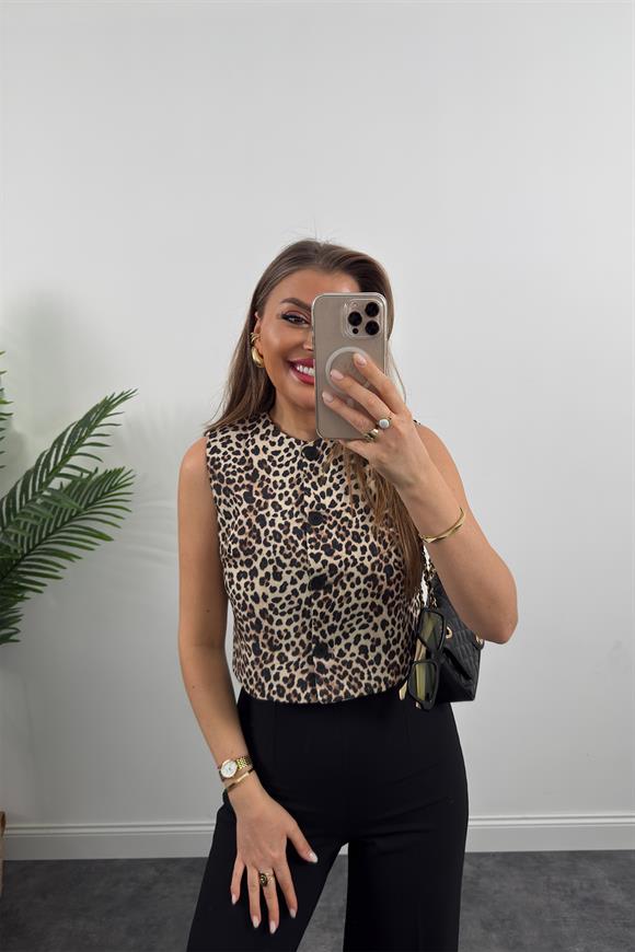 Premium Seri Astarlı Keten Leopar Yelek