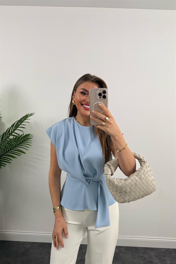 Premium Seri Bağcık Detaylı Dökümlü Bluz Tatlı Mavi