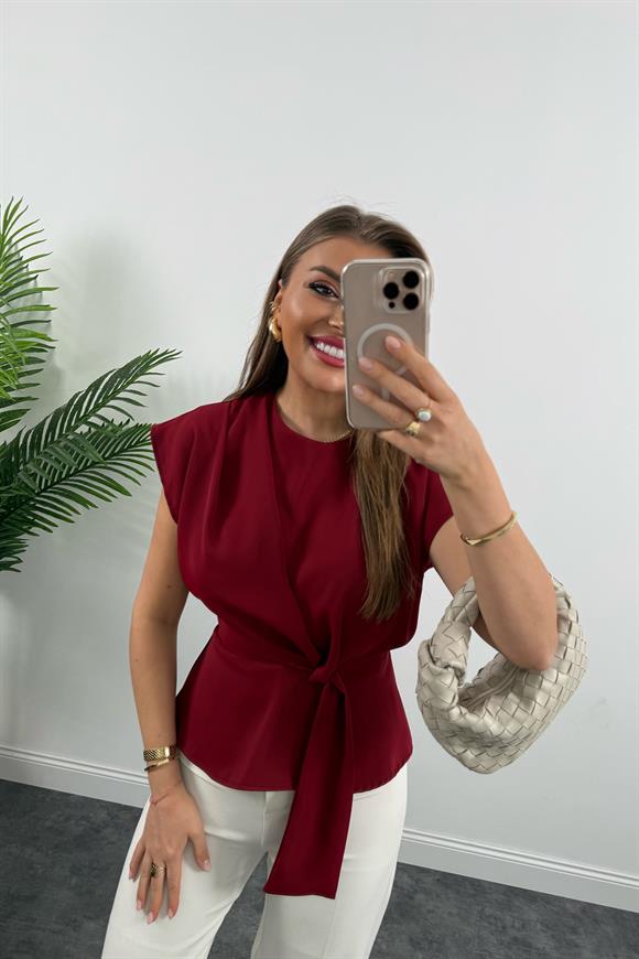 Premium Seri Bağcık Detaylı Dökümlü Bluz Bordo