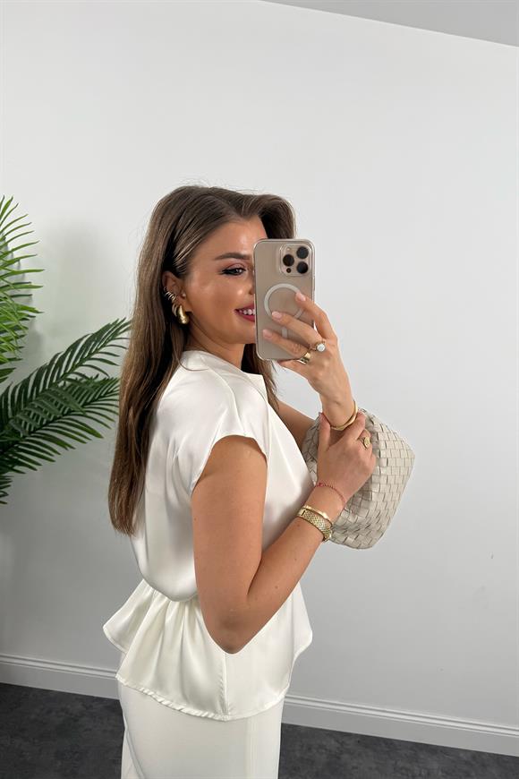 Premium Seri Bağcık Detaylı Dökümlü Bluz Ekru