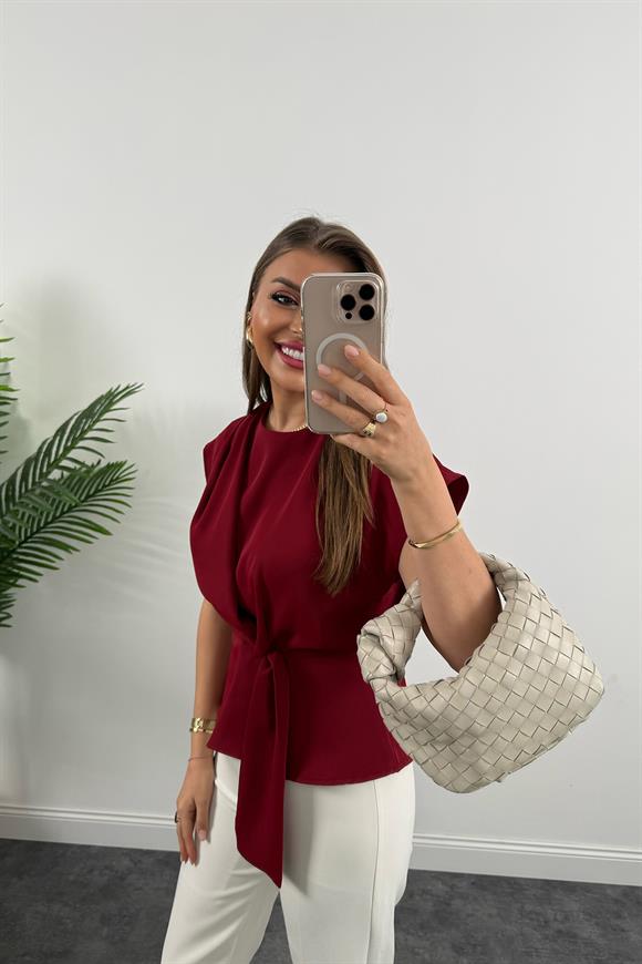 Premium Seri Bağcık Detaylı Dökümlü Bluz Bordo