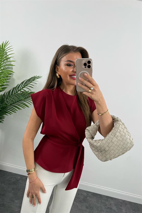 Premium Seri Bağcık Detaylı Dökümlü Bluz Bordo