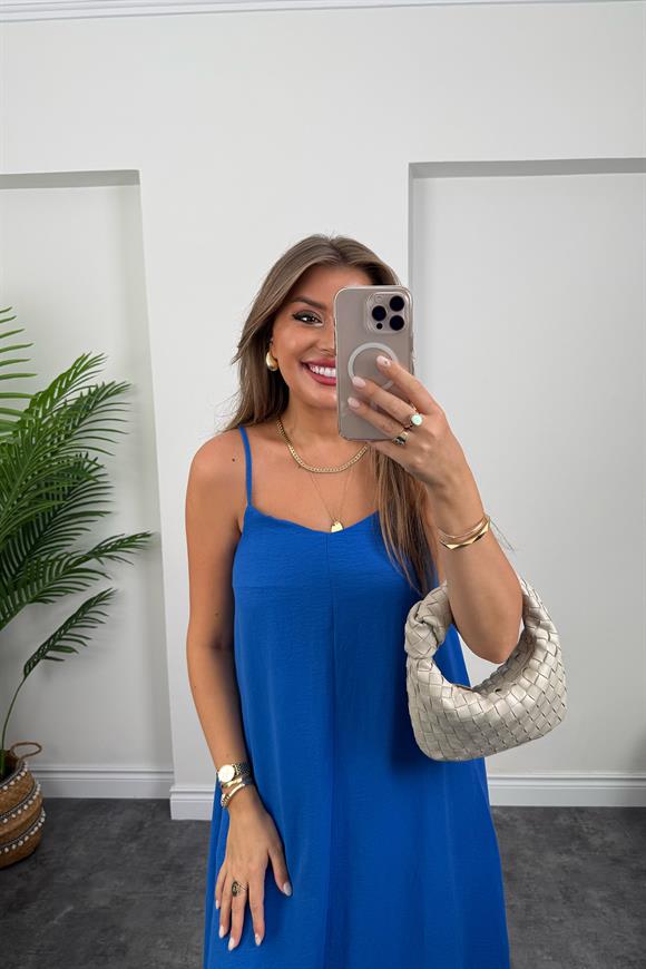 Premium Seri Basic Salaş Tensel Elbise Sax Mavi