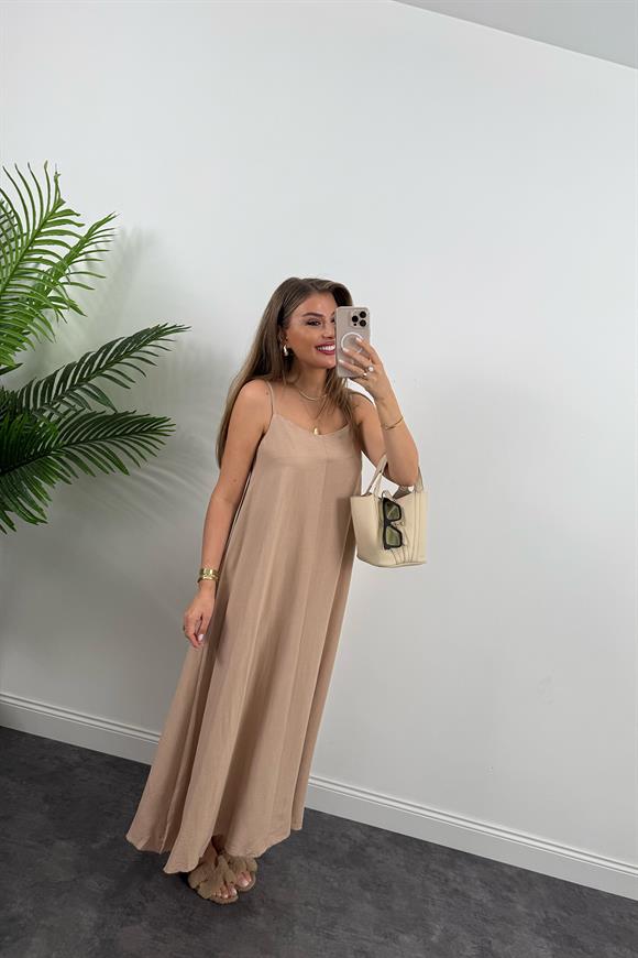 Premium Seri Basic Salaş Tensel Elbise Camel 