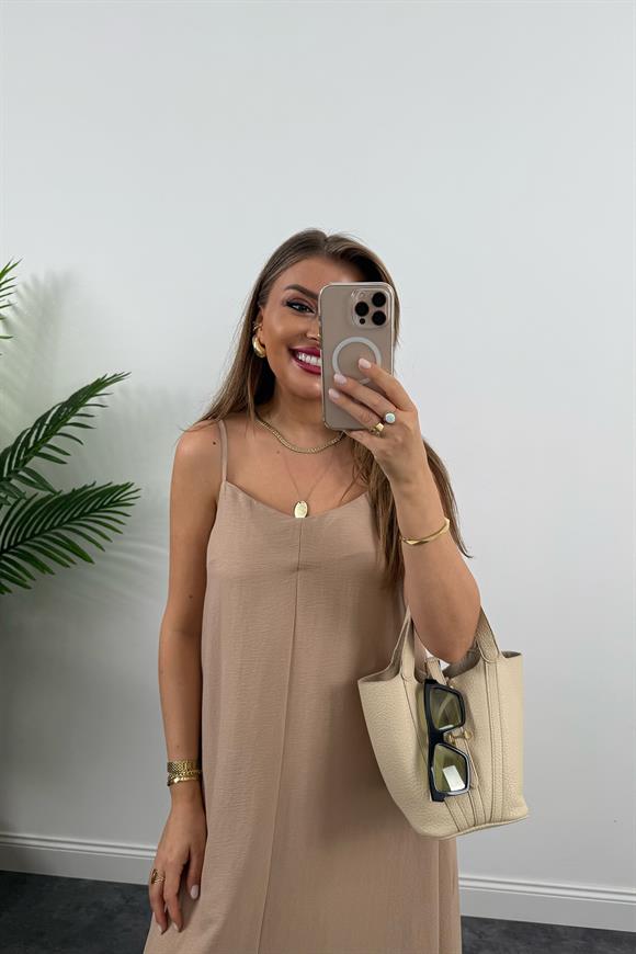 Premium Seri Basic Salaş Tensel Elbise Camel 