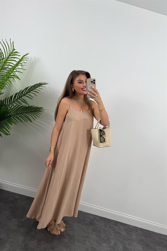 Premium Seri Basic Salaş Tensel Elbise Camel 