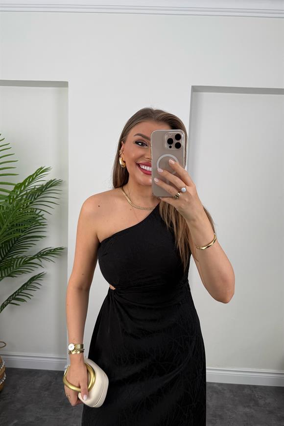 Premium Seri Bel Dekolteli Tek Omuz Maxi Elbise Siyah 