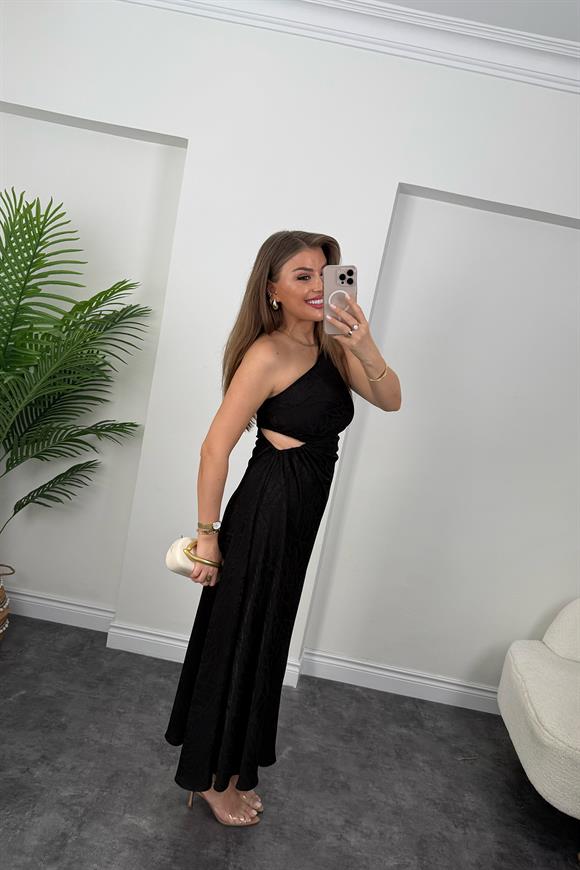 Premium Seri Bel Dekolteli Tek Omuz Maxi Elbise Siyah 