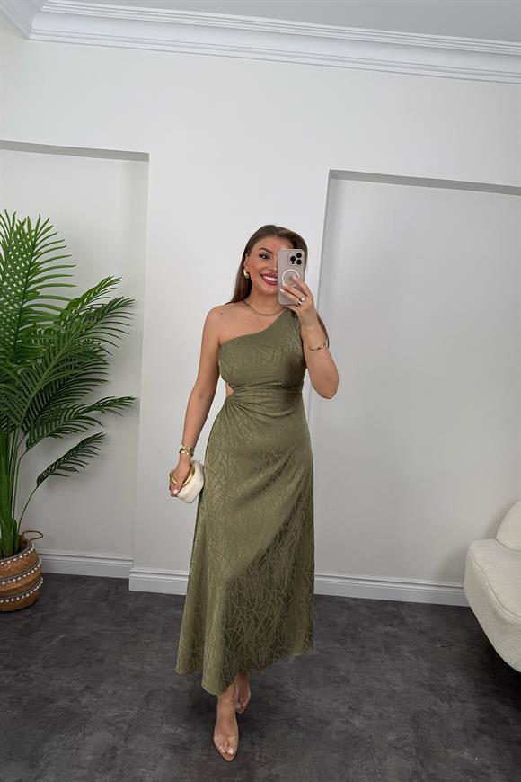 Premium Seri Bel Dekolteli Tek Omuz Maxi Elbise Haki