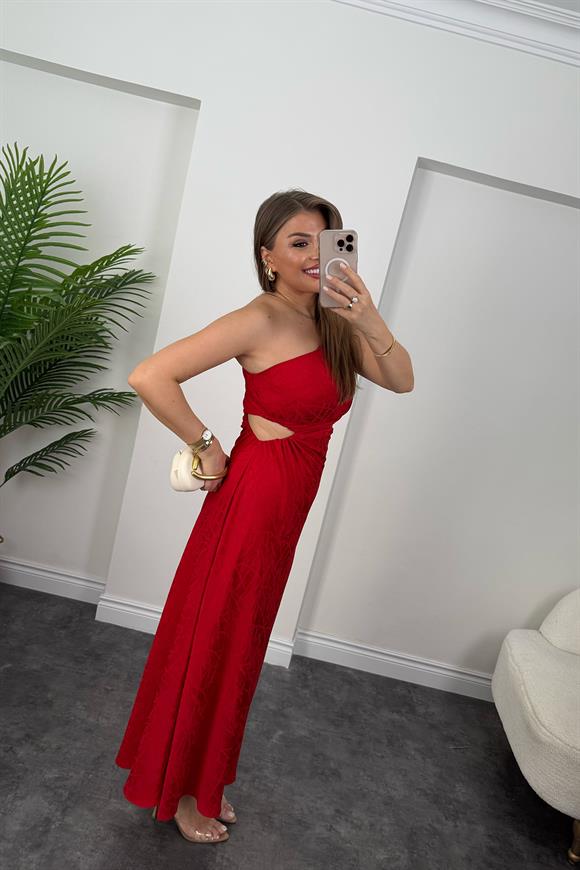 Premium Seri Bel Dekolteli Tek Omuz Maxi Elbise Kırmızı