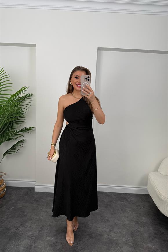 Premium Seri Bel Dekolteli Tek Omuz Maxi Elbise Siyah 