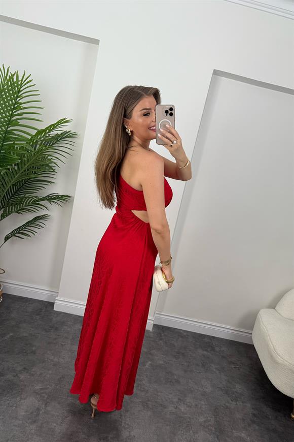 Premium Seri Bel Dekolteli Tek Omuz Maxi Elbise Kırmızı