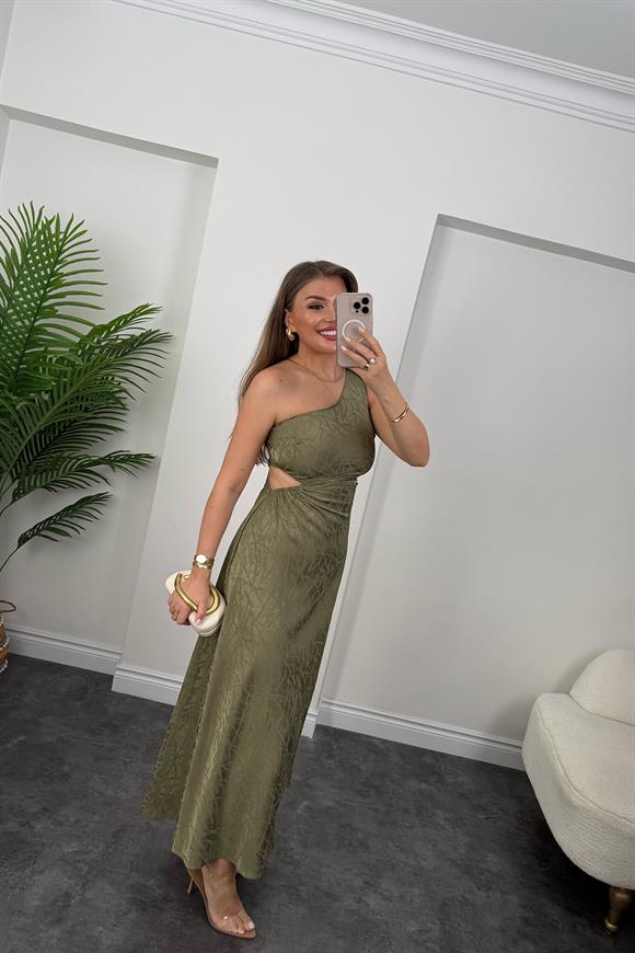 Premium Seri Bel Dekolteli Tek Omuz Maxi Elbise Haki