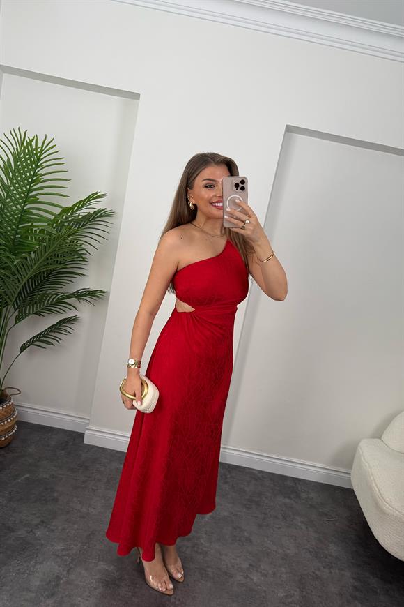 Premium Seri Bel Dekolteli Tek Omuz Maxi Elbise Kırmızı