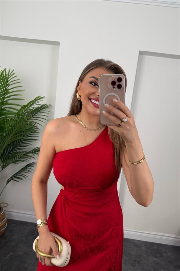 Premium Seri Bel Dekolteli Tek Omuz Maxi Elbise Kırmızı