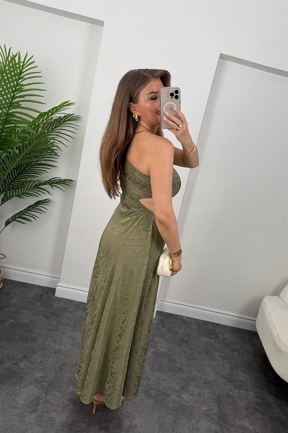 Premium Seri Bel Dekolteli Tek Omuz Maxi Elbise Haki