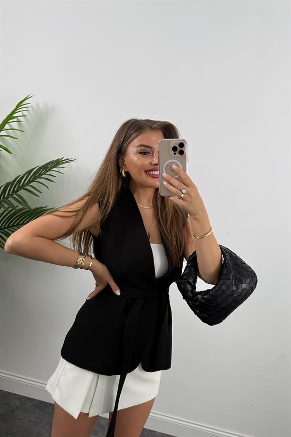 Premium Seri Belden Oturtma Kuşaklı Double Kumaş Yelek Siyah