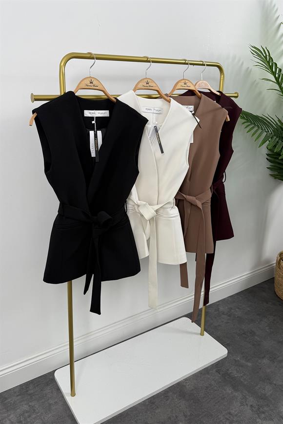 Premium Seri Belden Oturtma Kuşaklı Double Kumaş Yelek Siyah